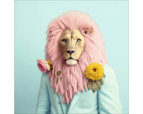 Löwe mit rosa Mähne, Jackett und Blumen