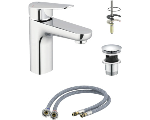 Waschtischarmatur mit Ablaufgarnitur und Anschlussschläuchen