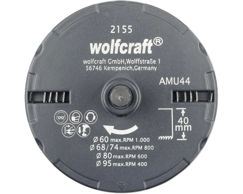 Disque avec logo Wolfcraft présentant des données techniques et des consignes de sécurité