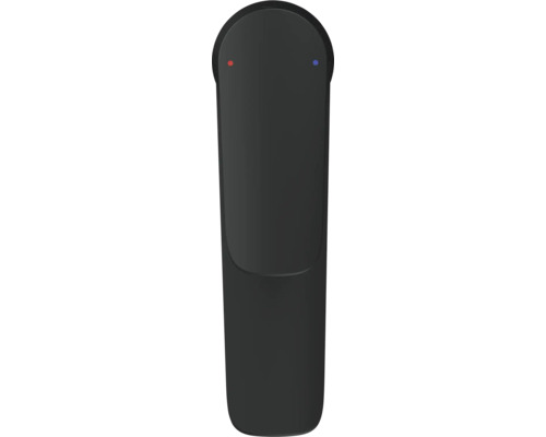 Schwarze Waschtischarmatur mit Markierungen für Warm und Kalt