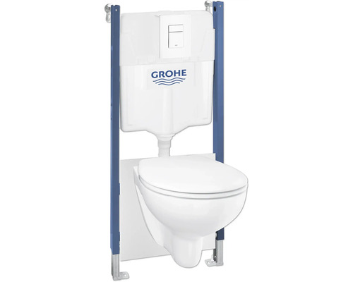 Kit WC mural GROH Solido Compact avec WC céramique kit 5 en 1 cuvette à fond creux sans bride de rinçage blanc brillant avec abattant WC, bâti-support et plaque de commande blanc 39563000 Bâti-support avec WC suspendu et logo Grohe