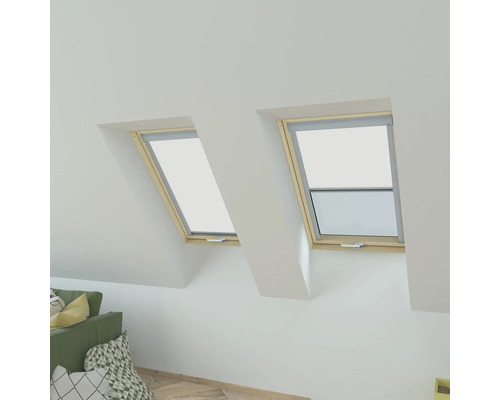 Deux fenêtres de toit avec fenêtre ouverte et store dans une pièce mansardée