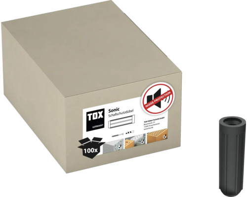 Schallschutzdübel Tox Sonic 10/30, 100 Stück Karton mit 100 Schallschutzdübeln der Marke TOX sowie ein einzelner Dübel