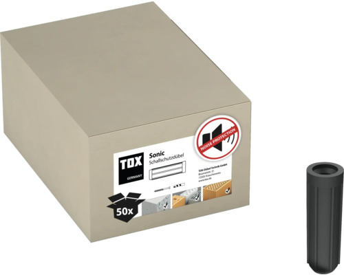 Schallschutzdübel Tox Sonic 16/60, 50 Stück Packung TOX Sonic Schallschutzdübel mit Lärmschutzzeichen und einem einzelnen Dübel