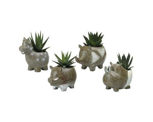 Quatre pots de fleurs en forme d''animaux avec des plantes grasses