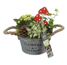 Arrangement floral dans un seau en métal avec décoration de champignons et pomme de pin