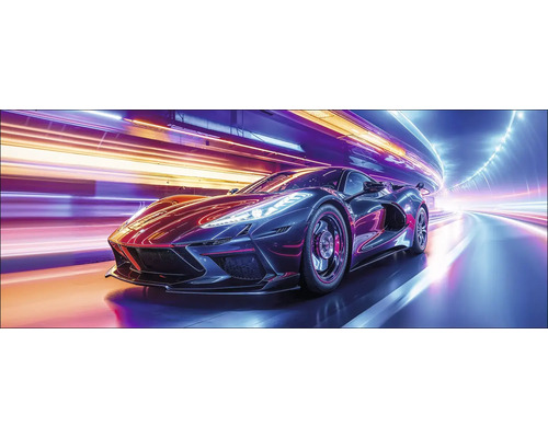 Voiture de sport traversant un tunnel lumineux