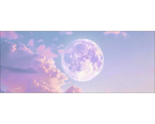 Glasbild Moon In Pink Clouds 125x50 cm Illustration einer mondähnlichen Kugel zwischen Wolken