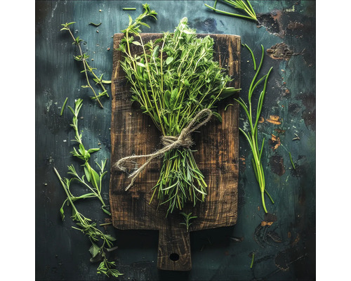 Bündel frischer Kräuter auf einem Holzbrett