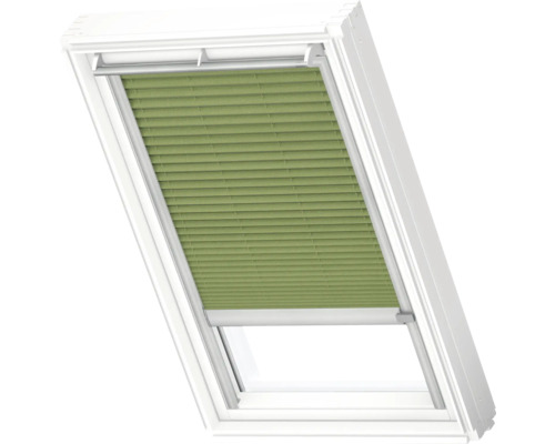 VELUX Dachfenster Plissee blickdicht moosgrün mit grauem Alu-Rahmen elektronisch FML MK12 1280K Dachfenster mit Plissee zur Verdunklung