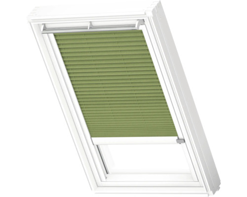 VELUX Dachfenster Plissee blickdicht moosgrün mit weißem Alu-Rahmen elektronisch FML SK06 1280KWL Dachfenster mit Rollo