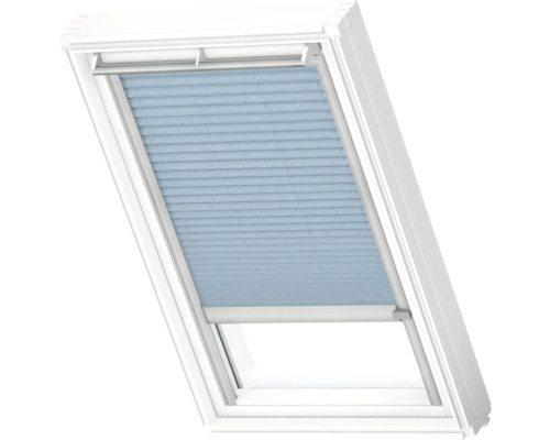 VELUX Dachfenster Plissee blickdicht denim mit grauem Alu-Rahmen solarbetrieben FSL C02 1286K Dachfenster mit blauem Faltrollo zur Verdunkelung