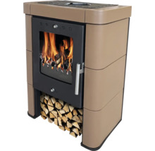 Kaminofen mit Holzfach und brennendem Holz