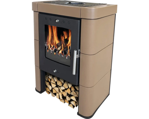 Kaminofen Kachelkamin DOMOFIRE Caorle II Keramik cappuccino braun 6 kW Mit Holzfach Kaminofen mit Holzfach und brennendem Holz