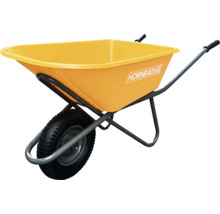 Brouette jaune avec le logo Hornbach