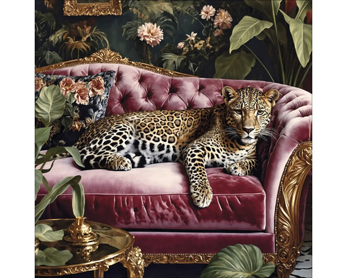 Tableau en verre Big Cat On The Couch I 80x80 cm Salon décoratif avec canapé et léopard