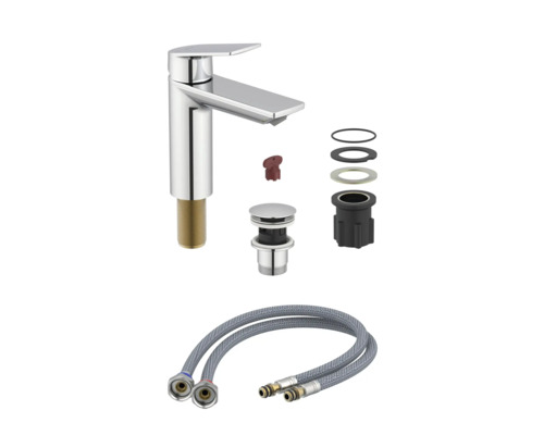 Waschtischarmatur mit Ablaufgarnitur und Anschlussschläuchen