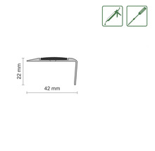 Profilé avec des dimensions de 22 mm et 42 mm, adapté pour un montage avec de la colle ou des vis.
