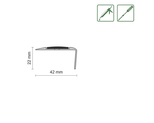 Profilé avec des dimensions de 22 mm et 42 mm, adapté pour un montage avec de la colle ou des vis.