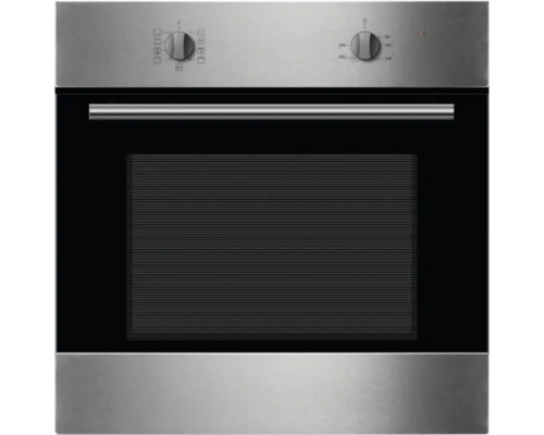 Edelstahl Einbaubackofen mit schwarzer Glastür und Drehknöpfen zur Steuerung.