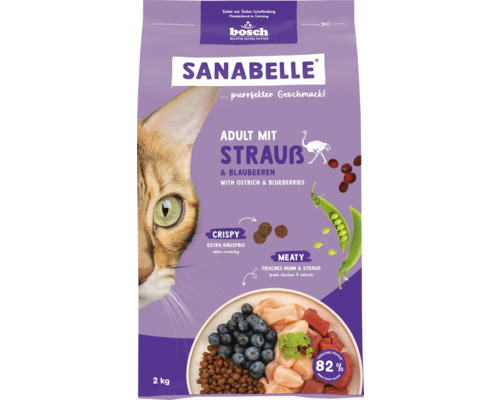 Croquettes pour chats Sanabelle Adult à l'autruche 2 kg Sanabelle Adult avec autruche et myrtilles, nourriture pour chat en sac de 2 kilogrammes