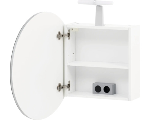 Offener Spiegelschrank mit Regalböden und Steckdose