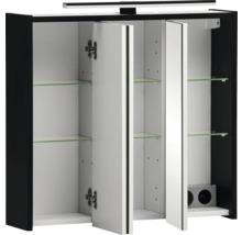 Armoire de toilette ouverte avec étagères en verre et éclairage