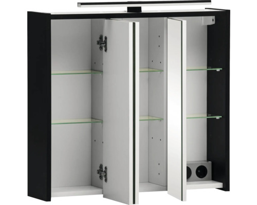 Offener Spiegelschrank mit Glasablagen und Beleuchtung