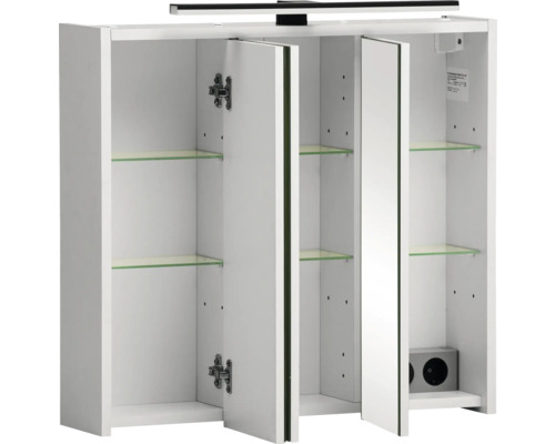 Weißer Spiegelschrank mit drei Türen, Glasablagen und Beleuchtung