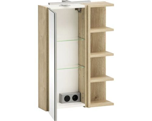 Offener Spiegelschrank mit Glasböden und Steckdosenleiste