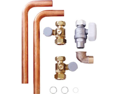 Heizkörperanschlussgarnitur mit Kupferrohren, Ventilen und Fittings