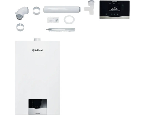 Vaillant ecoTEC plus Gas-Brennwerttherme mit Zubehör und Vaillant Logo