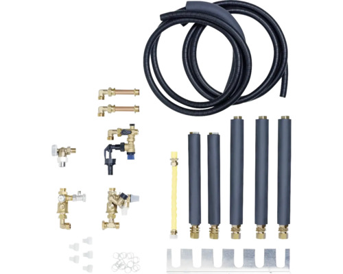 Kit de raccordement pour chauffage au sol avec différentes vannes, tuyaux et matériel d'installation