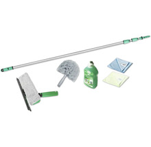 Kit de nettoyage avec manche télescopique, raclette à vitre, plumeau, nettoyant et chiffons