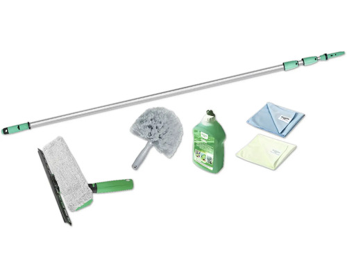 Kit de nettoyage avec manche télescopique, raclette à vitre, plumeau, nettoyant et chiffons