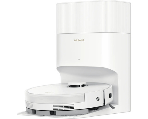 Logo Dreame sur un robot aspirateur avec station d''aspiration