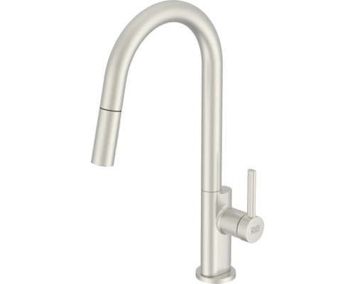 Robinet de cuisine KEO avec écoulement extractible DANUM montage rapide par dessous "Quickfix" AntiFingerprint acier inoxydable satiné Robinet de cuisine avec bec haut et douchette extractible