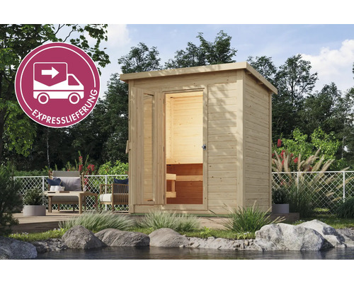 Saunahaus Karibu Talos 1 inkl. 9 kW Ofen u.integr. Steuerung ohne Vorraum mit Holztür und Isolierglas Außensauna aus Holz mit geöffneter Tür und Expresslieferung