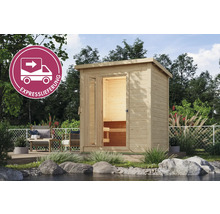 Holzsauna für den Aussenbereich mit offener Tür und Symbol für Expresslieferung