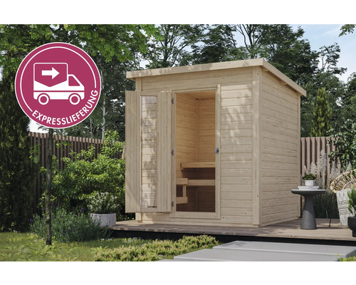 Saunahaus Karibu Talos 2 inkl. 9 kW Ofen u.integr. Steuerung ohne Vorraum mit Holztür und Isolierglas Gartensauna aus Holz mit geöffneter Glastür und Expresslieferung-Symbol