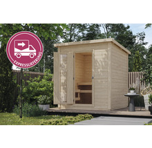 Aussenansicht einer Gartensauna mit offener Tür und Expresslieferung-Symbol