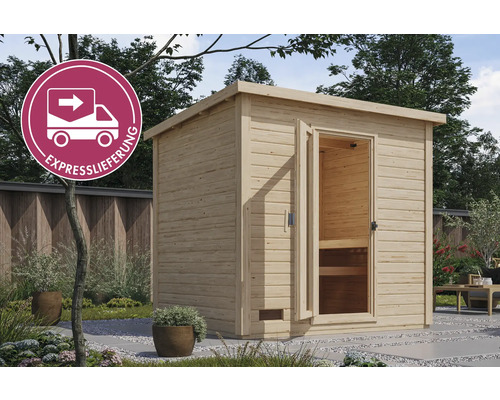 Saunahaus Karibu Talos 3 inkl. 9 kW Bio Ofen u.ext. Steuerung ohne Vorraum mit Holztür und Isolierglas Gartensauna aus Holz mit offener Tür und Expresslieferung