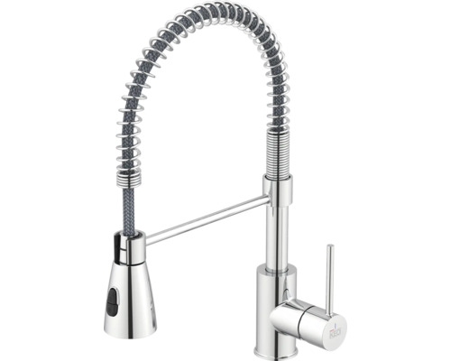 Robinet de cuisine avec pommeau KEO mitigeur robinet de cuisine ILMA CoolStart et montage rapide par le haut « Topfix » chrome brillant Robinet de cuisine avec ressort spiralé