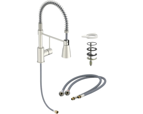 Robinet de cuisine avec ressort spiralé, flexible de douche et matériel de montage