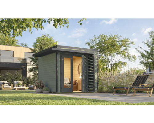 Abri de jardin weka Amberley 28 mm y compris plancher 300 x 303 cm gris vert-anthracite Jardin avec abri de jardin, terrasse et mobilier de jardin pour l'extérieur