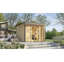 Garten Szene mit einem modernen Gartenhaus aus Holz mit geöffneten Türen und Terrasse