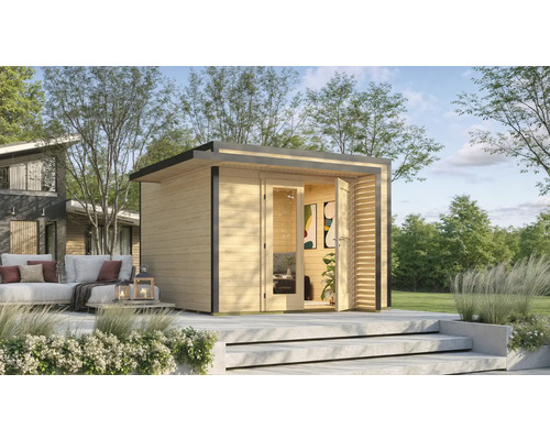 Gartenhaus weka Amberley 28 mm inkl. Fußboden 350 x 353 cm natur Garten Szene mit einem modernen Gartenhaus aus Holz mit geöffneten Türen und Terrasse