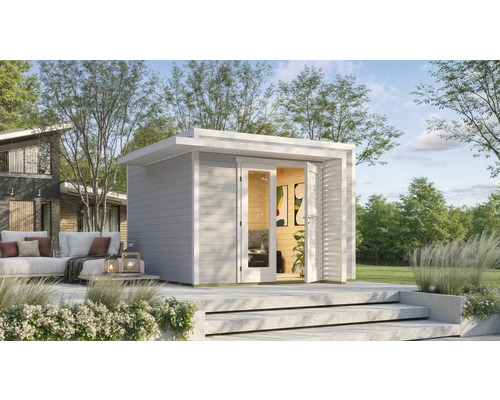 Abri de jardin weka Amberley 28 mm y compris plancher 350 x 353 cm gris-blanc Maison de jardin moderne avec portes battantes ouvertes sur une terrasse