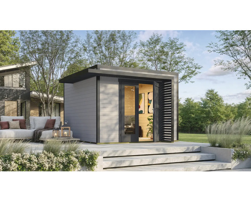 Gartenhaus weka Amberley 28 mm inkl. Fußboden 350 x 353 cm grau-anthrazit Modernes Gartenhaus mit geöffneter Tür und angrenzender Terrasse im Garten.