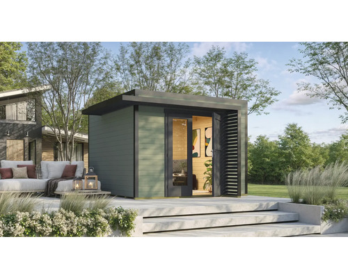 Modernes Gartenhaus mit Flachdach und Doppeltür auf einer Terrasse